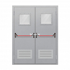 Двухстворчатая противопожарная дверь с решёткой EI 30 ДО-02-EI-30 двупольная остеклённая с квадратными окнами и антипаниками